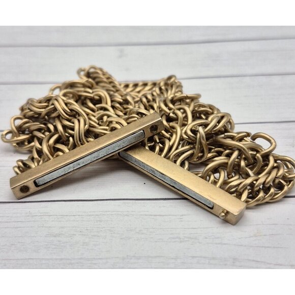 Brushed Gold Tone Multi Mixed Chain Magnetic Clasp 2.5" Wide Statement Bracelet - Picture 4 of 5